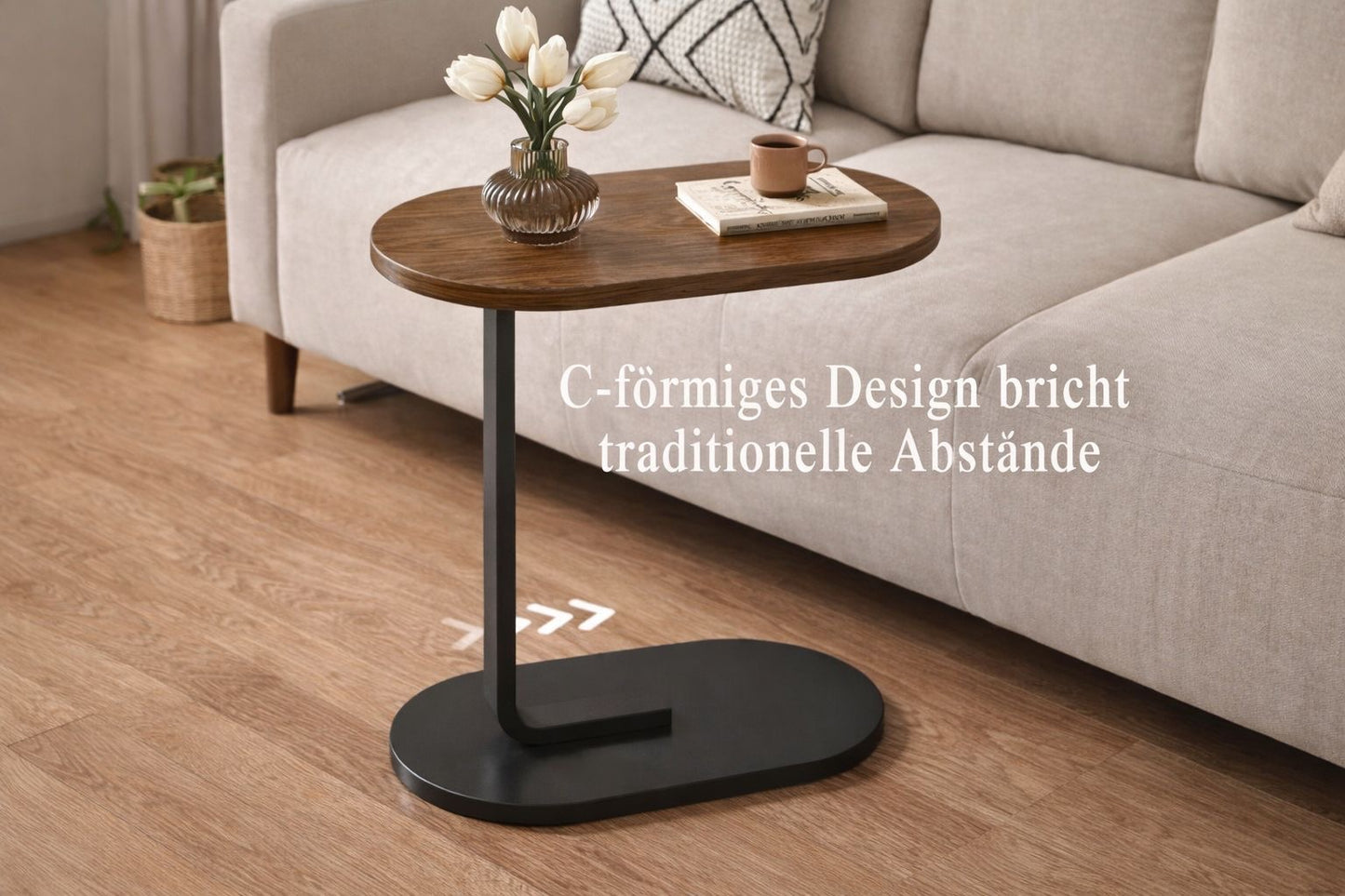 Beistelltisch C-Form Holzoptik, Weiß, 60cm Höhe Metallgestell