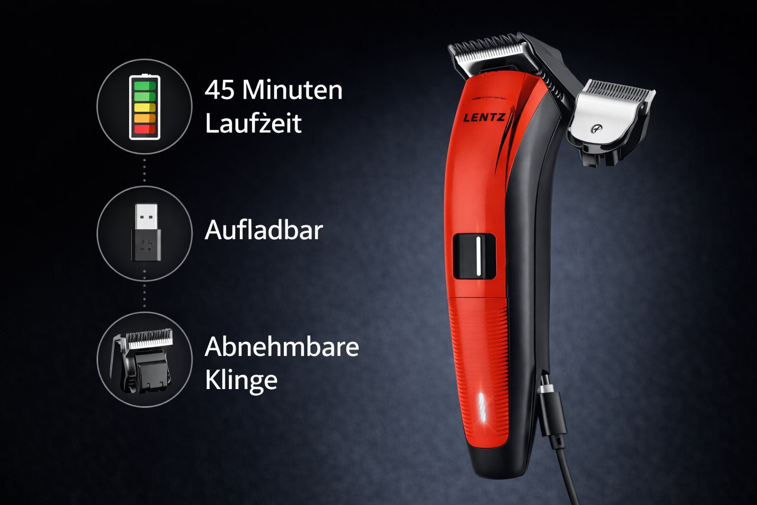Haarschneider LENTZ Akku-Hair Clipper – wiederaufladbar, Edelstahlklinge, Ni-MH Akku