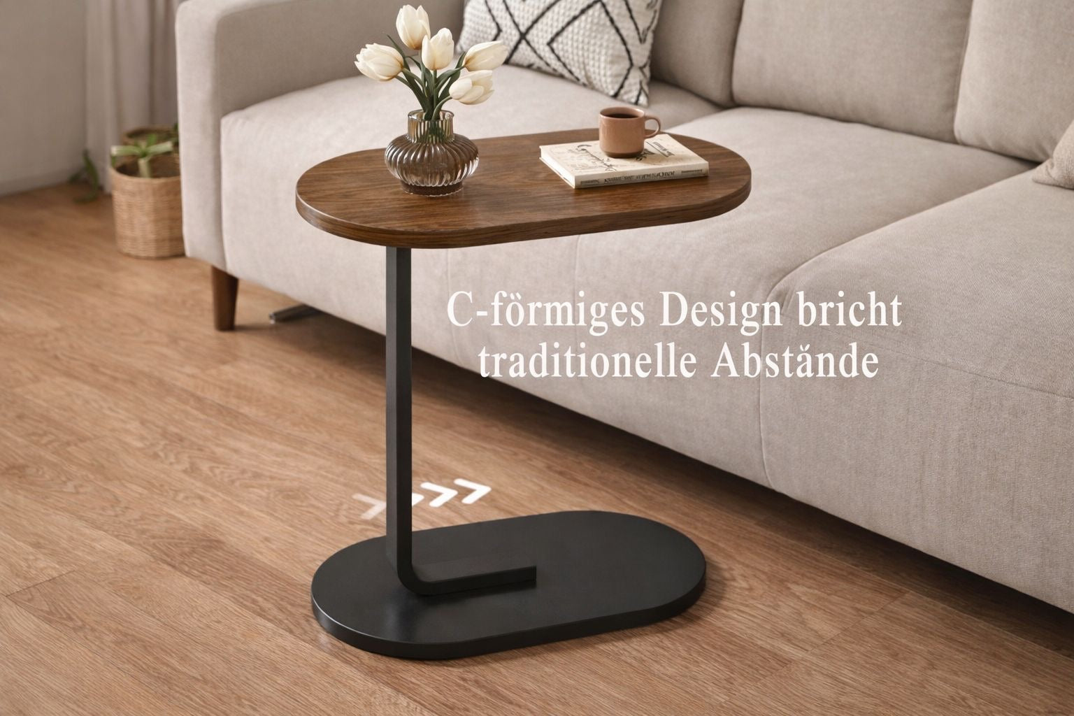 Beistelltisch C-Form Holzoptik, Weiß, 60cm Höhe Metallgestell