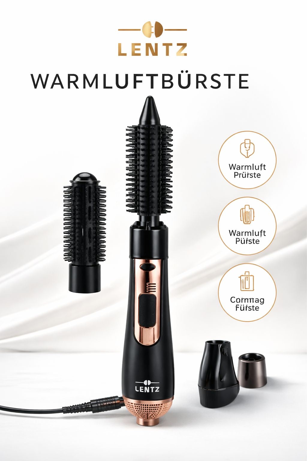 Warmluftbürste LENTZ – 3 Temperaturstufen, 2 Aufsätze, Heißluft-Stylingbürste