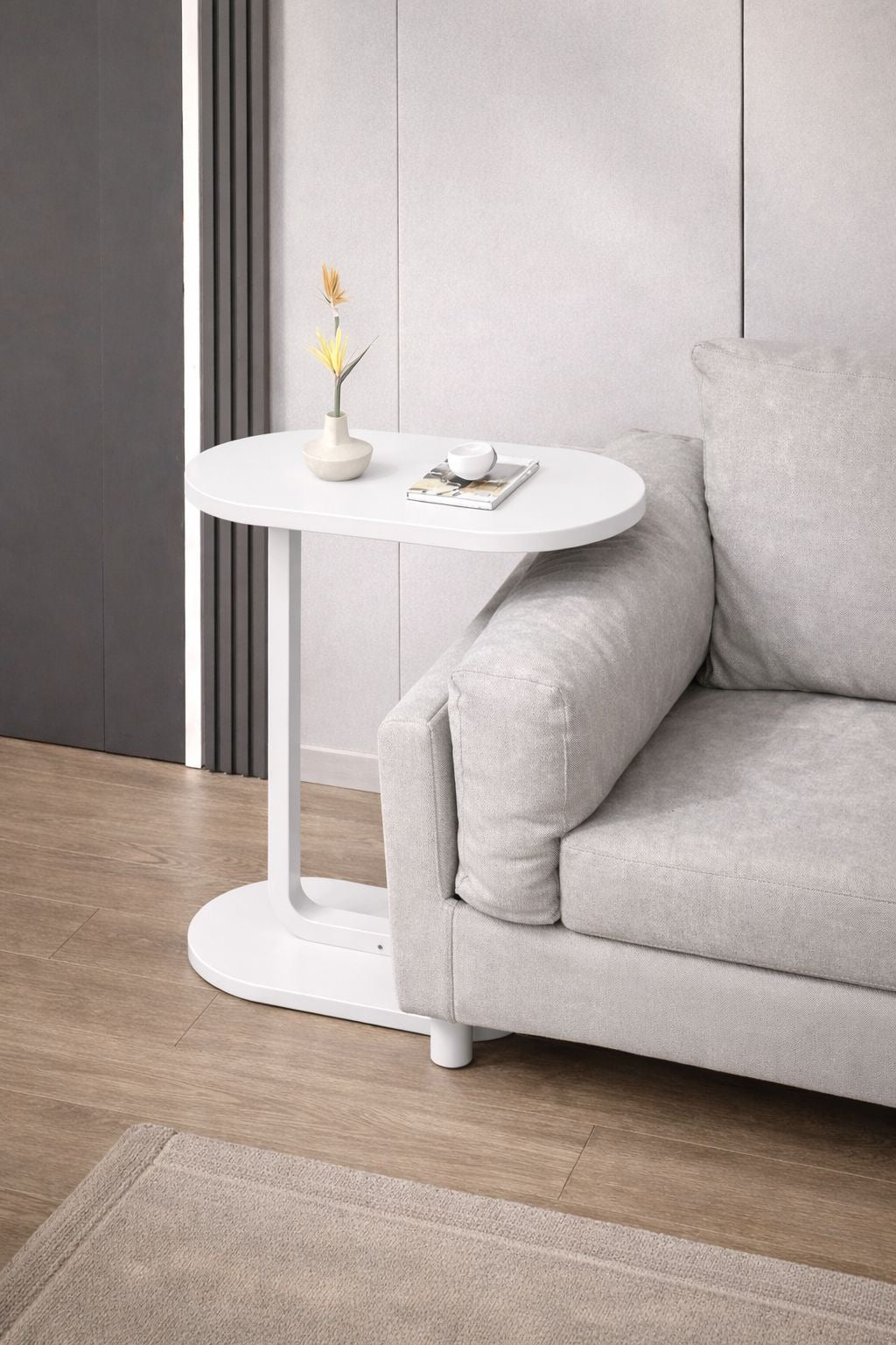 Beistelltisch C-Form Holzoptik, Weiß, 60cm Höhe Metallgestell