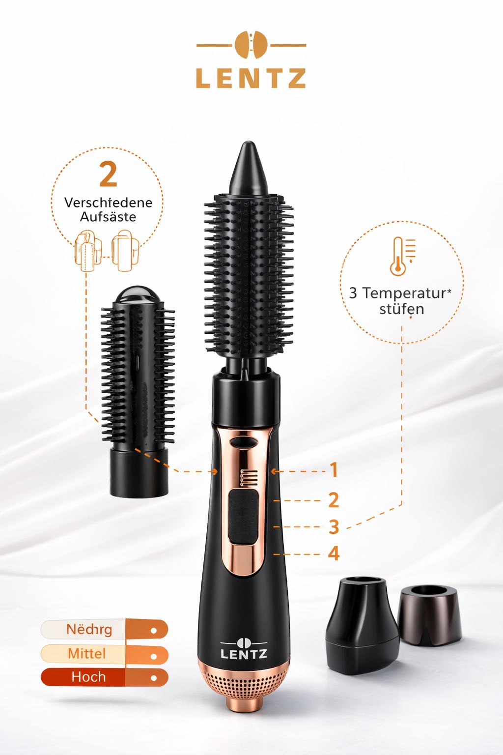 Warmluftbürste LENTZ – 3 Temperaturstufen, 2 Aufsätze, Heißluft-Stylingbürste