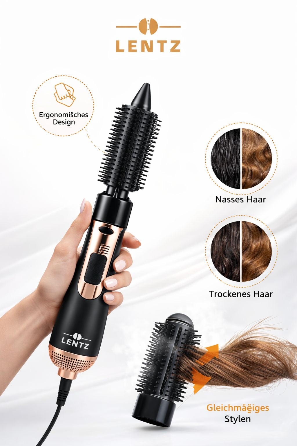 Warmluftbürste LENTZ – 3 Temperaturstufen, 2 Aufsätze, Heißluft-Stylingbürste