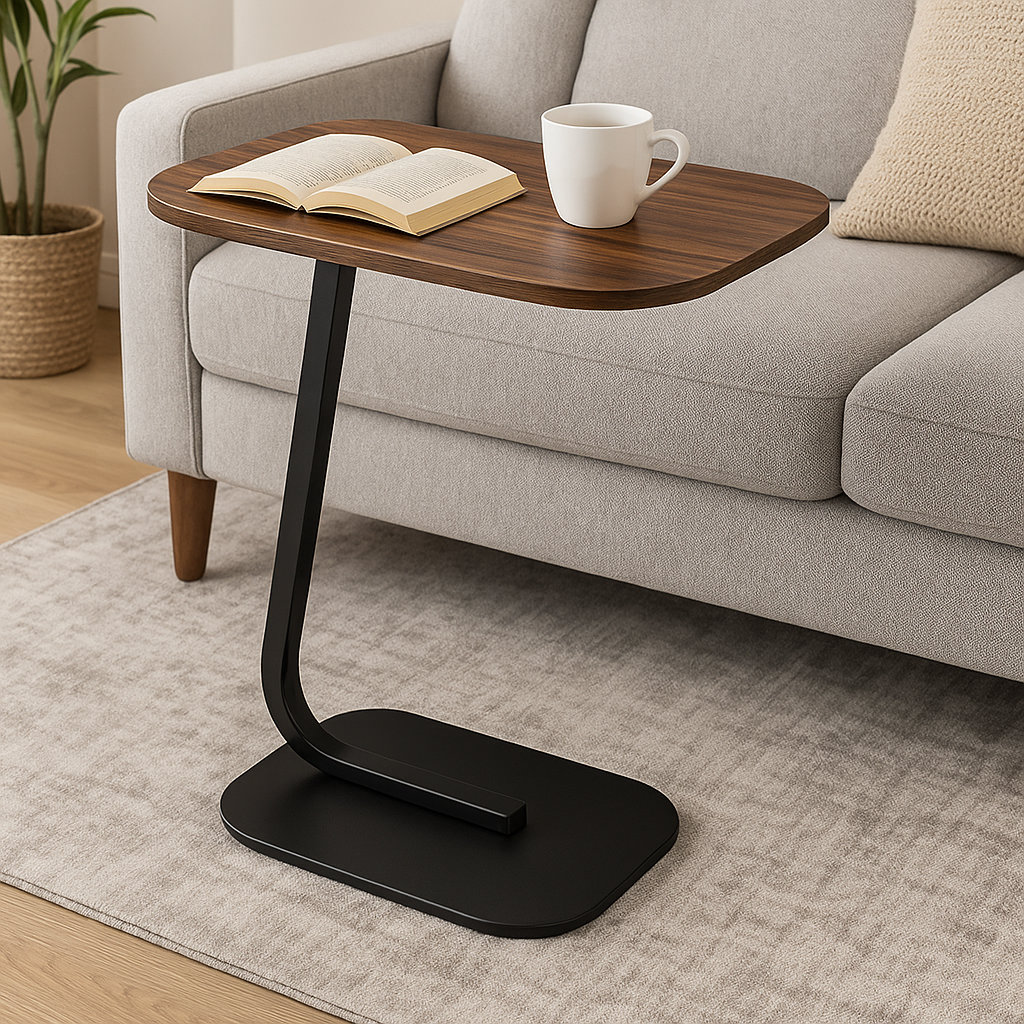 Beistelltisch C-Form Holzoptik, Weiß, 60cm Höhe Metallgestell