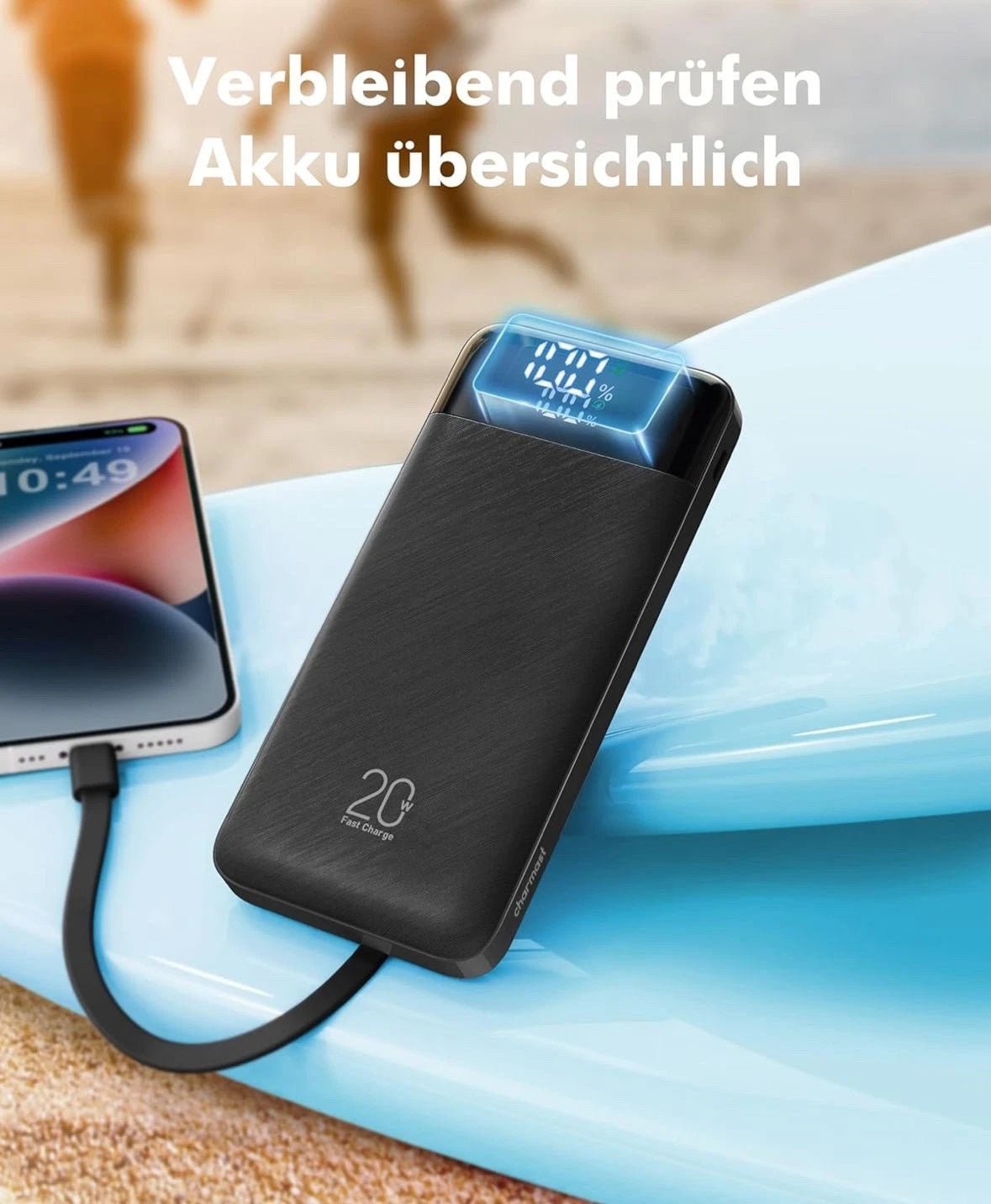 Charmast Power Bank, 22,5W Powerbank 20000mAh mit Kabel USB C und LED-Display